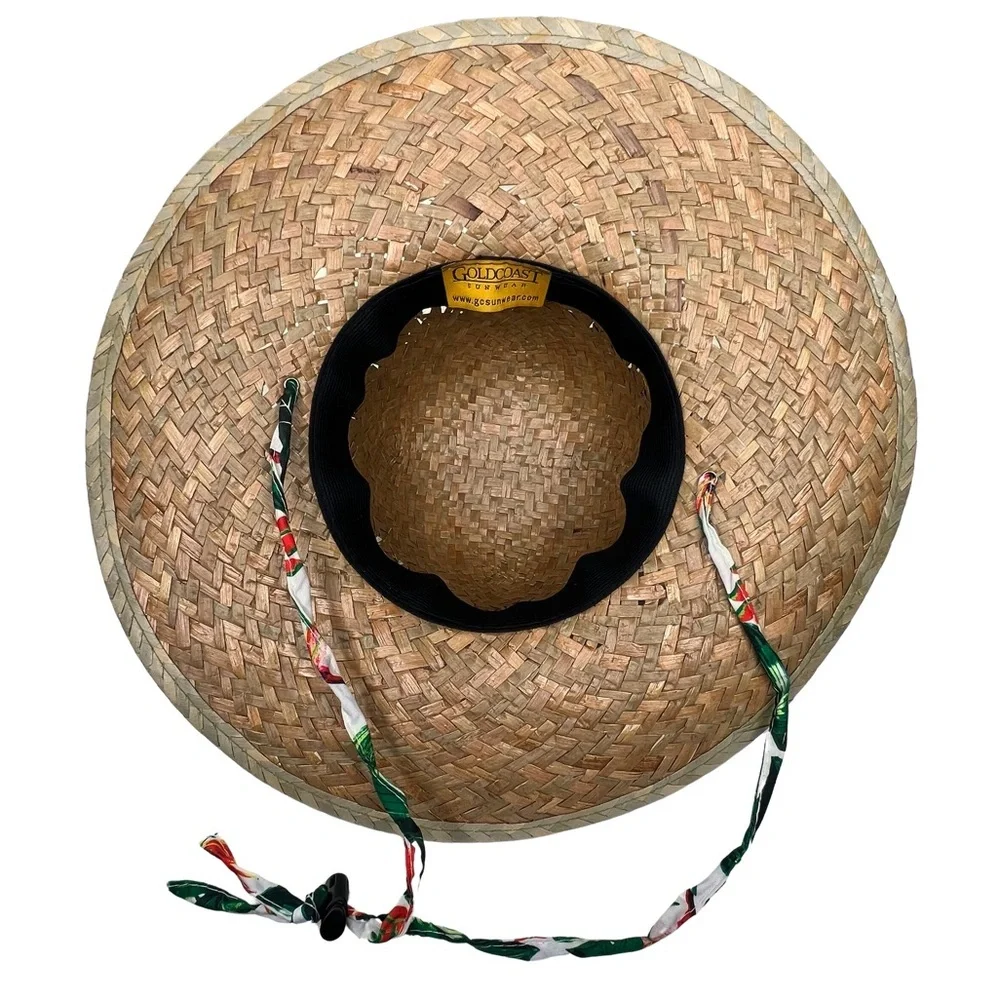 Straw Sun Hat Goldcoast Sunwear Tropical Floral Palm Leaf Band Tan White Green
